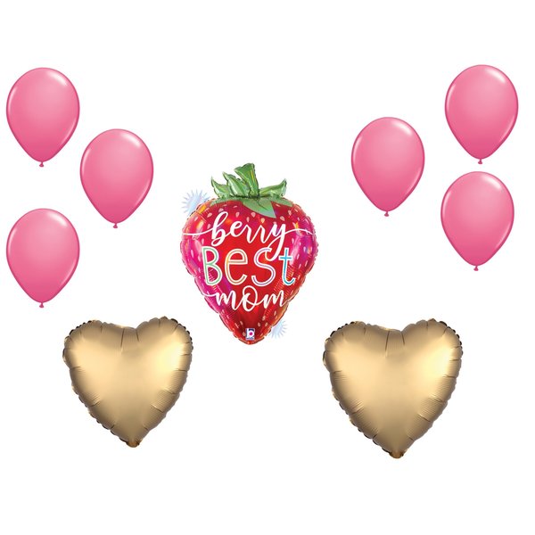 Loonballoon Mother's Day Theme Balloon Set, 26 Inch Best Mom Opal Strawberry Holo Balloon and 6x Latex Balloons 97758